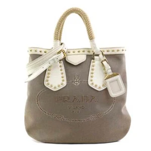 Auth PRADA Handbag Shoulder Bag Brown/Off White Canvas/Leather/Goldtone e59437k - Picture 1 of 17