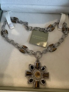 Judith Ripka Sterling Citrine Onyx Tiger Eye Pendant on Fancy Texture Chain QVC - Picture 1 of 6
