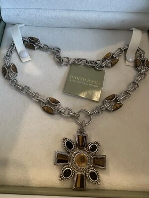 Judith Ripka Sterling Citrine Onyx Tiger Eye Pendant on Fancy Texture Chain QVC - Image 1 of 4