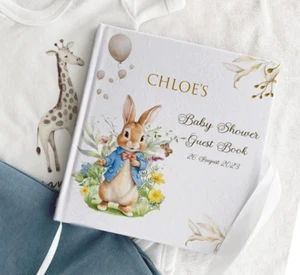 Personalised Blue Rabbit Baby Shower Hard Cover Guestbook Scrapbook Memory Album - Picture 1 of 5
