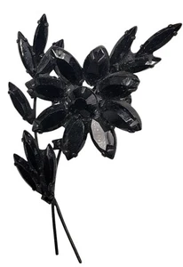Japped Black Rhinestone Flower Brooch Vintage Black Stones Long Floral Pin - Picture 1 of 5