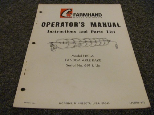 Farmhand F110-A Tandem Axle Rake Parts Catalog & Owner Operator Manual ...