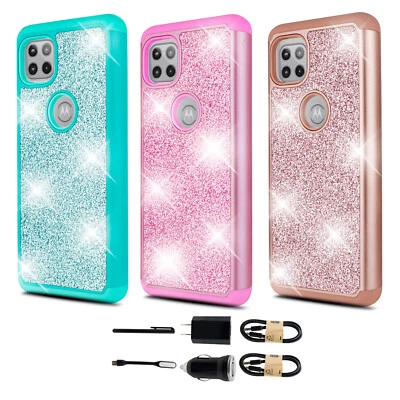 Bundle+For Motorola One 5G ACE Moto G 5G Temper Glass Glitter Phone Case - Image 1 of 2