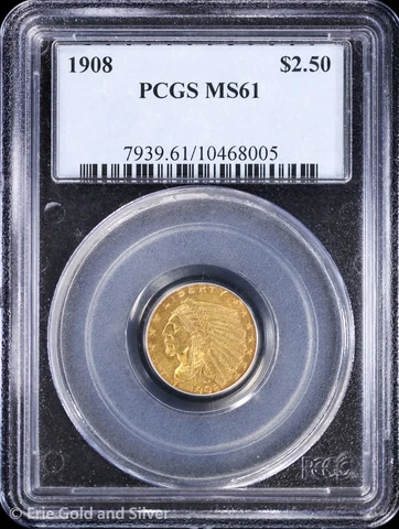 1908 $2.50 Gold Indian Head Quarter Eagle PCGS MS 61 | UNC Cover
