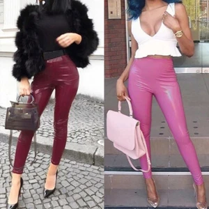 Women Sexy Wet Look PU Leather Pants Slim Leggings High Waist Stretch Trousers - Picture 1 of 18