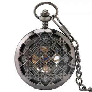 Hollow Square Case Hand Winding Mechanical Pocket Watch Skeleton Dial FOB Chain - Picture 1 of 9