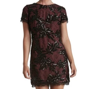 DRESS THE POPULATION Mini Dress Size Medium Burgundy Black Sequin Lace Evening - Picture 1 of 13