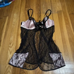vintage victoria’s secret pink satin babydoll black corset slip dress 34B - Picture 1 of 6