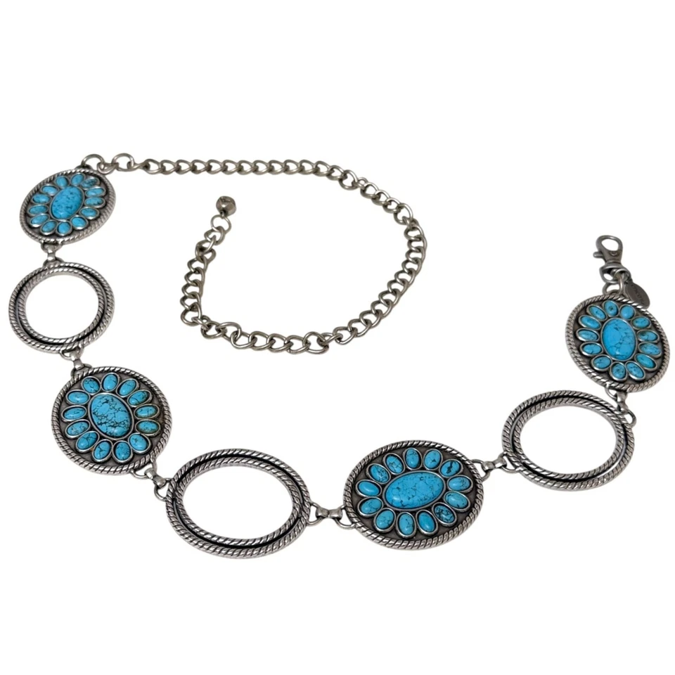 Cinturón de eslabones Chico imitación turquesa medallón cadena plateada oeste suroeste Foto 1 de 4