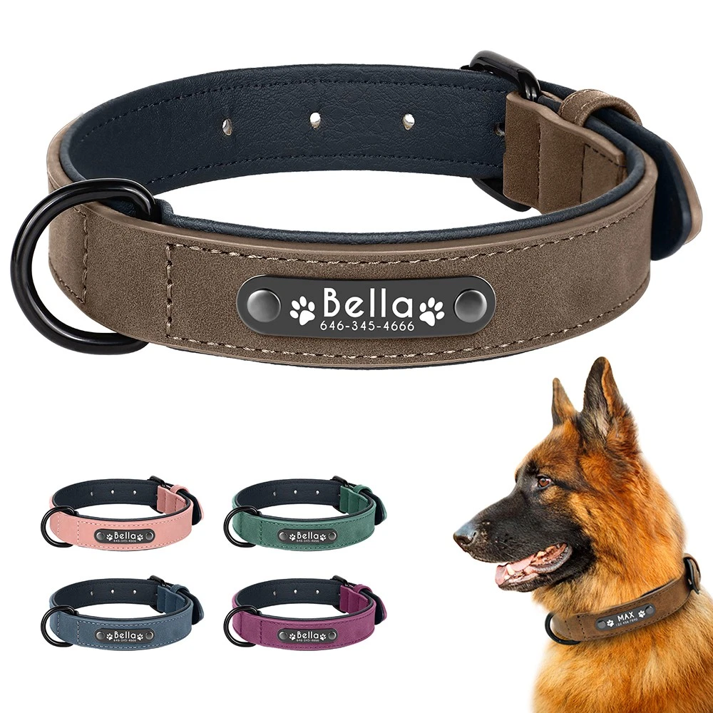 Personalisiertes Hundehalsband Mit Nieten & Namensschild – Verstellbar, Reflektierend, Aus PU-Leder