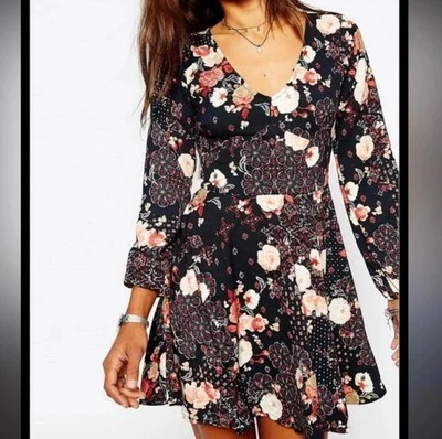 Abercrombie & Fitch Black Chiffon Floral Flare Skater Festival Mini Dress S $89 - Image 1 of 4