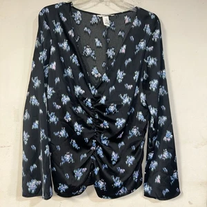 H&M Black Floral Women's Satin Feel Top, Size Large, Ruched  - Picture 1 of 4