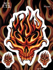 Flaming FLAME SKULLS Vinyl Motorbike STICKERS Snowmobile DECALS SET Art by FTS  - Picture 1 of 1