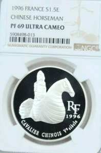 1996 FRANCE SILVER 1.5 EURO CHINESE HORSEMAN NGC PF 69 ULTRA CAMEO TOP POP - Picture 1 of 4