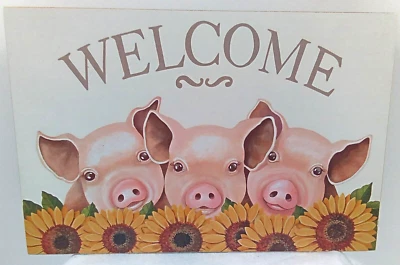 Letrero de caja de madera Welcome Three Pigs girasoles hocicos rosas orejas caras animales de granja Foto 1 de 3