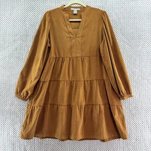 Lucky Brand Dress M Brown Corduroy Stretch Tiered Long Sleeve V-Neck Pockets - Picture 1 of 17