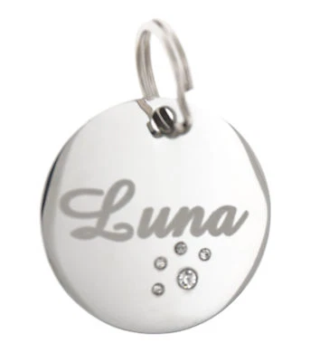 Custom Engraved Personalized Round Stainless Steel Pet Paw Diamante Dog ID Tag - Image 1 of 3