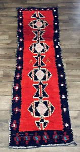 Vintage Moroccan Rug 2',4" x 8',2" Runner Carpet Berber Boujaad Reddish Orange
