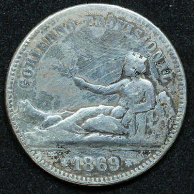 1869 Una Peseta SN M Spain Silver Coin - Seated Liberty - KM# 652 - Image 1 of 2