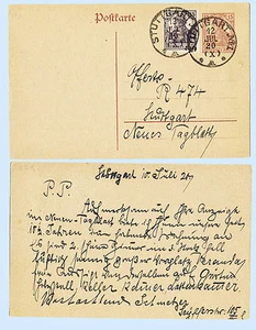 Alemania 1920 Stuttgart Postal Papelería H&G #116 más franqueo añadido - Imagen 1 de 2