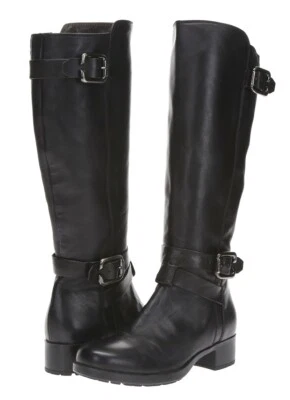 AGL Mujer Cuero Negro Hasta la Rodilla Con Hebilla Cremallera Tacón Bajo Botas Talla 35.5 Foto 1 de 4