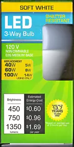 Soft White A19 LED 3 Way 40/60/100 Watt Replacement Light Bulbs Standard Base - Picture 1 of 5