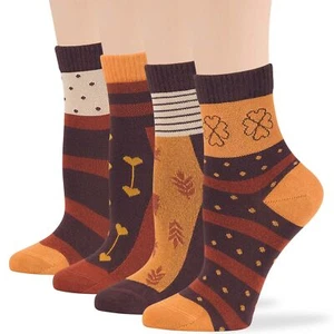 Women Bamboo Diabetic Pattern Quarter Socks Large 4 Pack Dot Stripe Brown Camel - Picture 1 of 13
