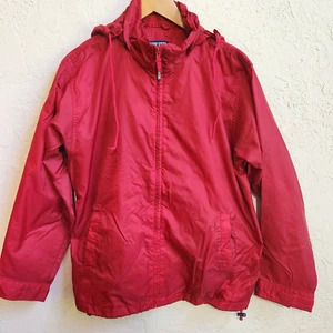 Lands End Windbreaker Jacket Boys Kids Large 14-16 Red Nylon Zip Rain Coat Hood - Picture 1 of 14