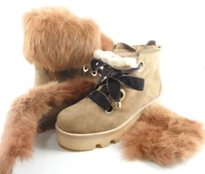 $398 RACHEL ZOE VAYL Beige Brown Suede Rabbit Fur Cuffed Designer Ankle Boots 5  - Picture 1 of 6