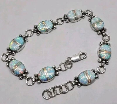 Pulseira Navajo assinada Lorenzo Secatero nativa prata esterlina opala link 83/4" 16g - Imagem 1 de 4