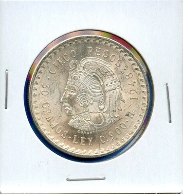1948 Mexico 5 Peso Cuauhtémoc Silver Coin #78 BU Brilliant Uncirculated - Image 1 of 3