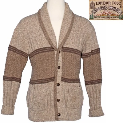 1970s Vintage London Fog Shawl Collar Cardigan Sweater Brown Wool Blend Mens L - Image 1 of 4