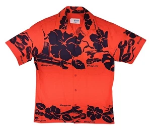 Camicia hawaiana rossa a scatto vintage chiave fiore tiki bottone media palma reale - Foto 1 di 11