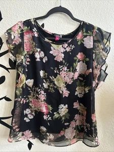 Vince Camuto Women's Black Floral Flutter Sleeve Blouse Top Size XS - Picture 1 of 5