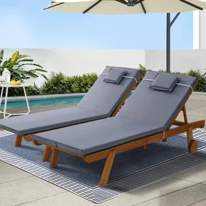 Gardeon 2x Sun Lounge Wooden Lounger Outdoor Furniture Day Bed Wheel Patio Grey - Picture 1 of 7