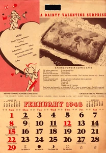 Vintage 1948 February Valentine Cooking Club Calendar Page with Pocket & Recipes - Picture 1 of 2