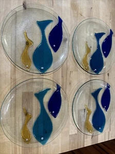 Set Of 4 Pottery Barn Fused Glass Fish Plate 11 1/2 In - Picture 1 of 2