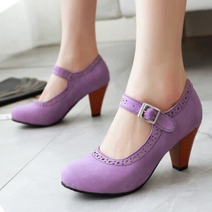 Women's Mary Janes Sweet Lolita Buckle High Heels Ankle Strap Pumps Brogue Shoes - Picture 1 of 28