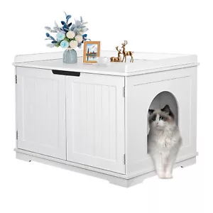 Cat Litter Box Enclosure Furniture Cat Washroom Hidden Litter Box Cabinet White - Picture 1 of 20