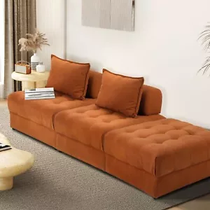 Oikiture 3 Seater Velvet Modular Sofa & Ottoman Set Armless TOFU Back Brown - Picture 1 of 10