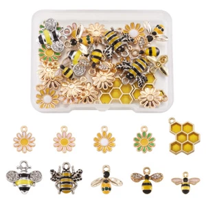 28pcs/Box Alloy Enamel Bees Daisy Honeycomb Cute Sunflower Drop Dangle Charms - Picture 1 of 12