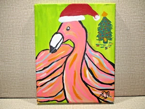 Flamingo Christmas Painting LM Original Handpainted 8"x10" Canvas Acrylic 1 of 1 - Picture 1 of 9