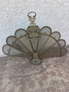 Vtg Fireplace Folding Fan Screen Polished Brass Peacock Cameo Art Deco Hollywood - Picture 1 of 8