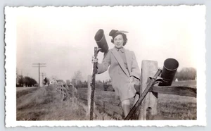 Vintage Photo 1940s Snapshot – Woman on Fence in Feather Hat – Rural Americana - Picture 1 of 5