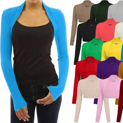 LADIES LONG SLEEVE PLAIN BOLERO SHRUG CROPPED VISCOSE JERSEY TOP WOMEN UK 8 - 20 - Image 1 of 4