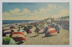 VTG 1940s Fort Lauderdale, Fl Postcard Colorful Beach Cabanas Umbrellas - Linen - Picture 1 of 2