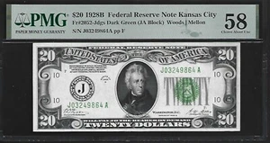 US 20 Dollars 1928B PMG 58 Fr #2052-Jdgs FRN Kansas City Woods/Mellon - Picture 1 of 4