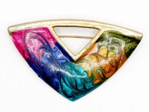 Vintage Enamel Swirl Brooch Multicolor Gold Tone Triangular - Picture 1 of 2