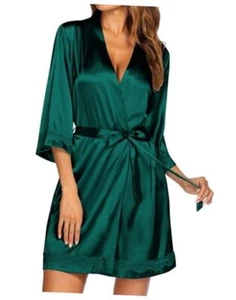 Women's Lace-Trim Silk Robes Bride Bridesmaid Kimono Satin Medium Dark Green - Picture 1 of 7