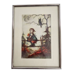 Hummel Girl on Fence With Crow Framed Print Lithograph Card - Picture 1 of 6